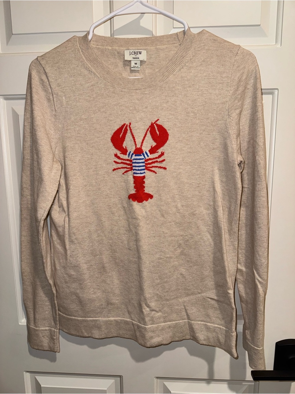 J. Crew Cream Crewneck Sweater with Red Sequin Lobster